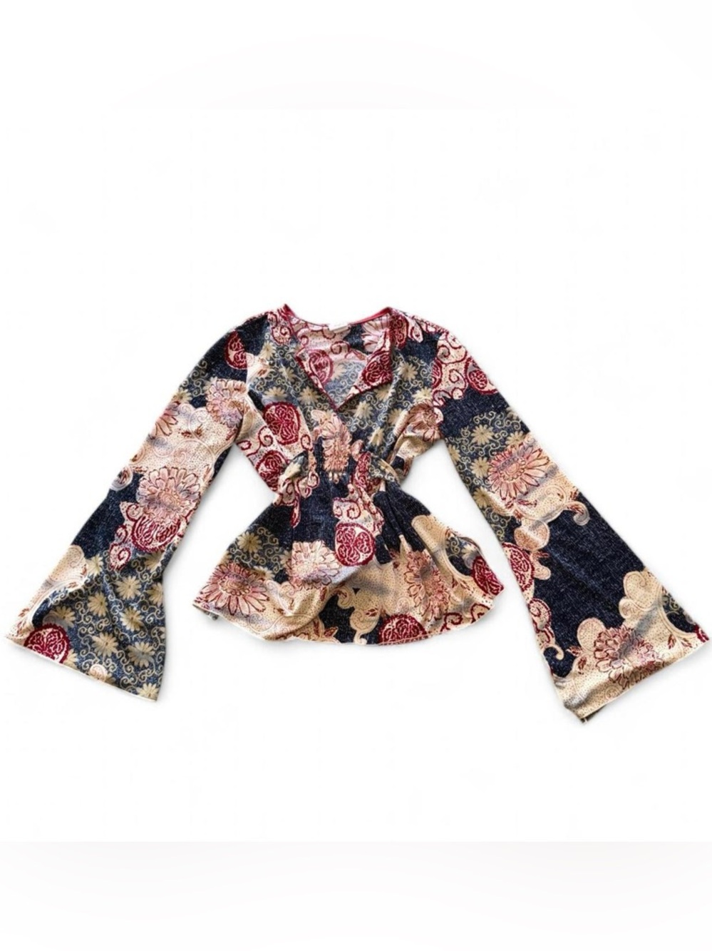 Y2k 70s-inspired floral bell sleeve baby doll top